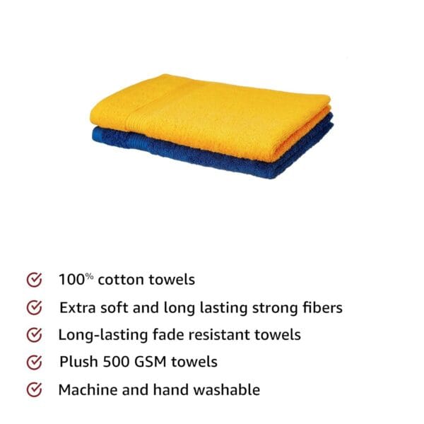 Amazon Brand - Solimo 100% Cotton 2 Piece Hand Towel Set, 500 GSM (Sunshine Yellow and Iris Blue) - Image 3