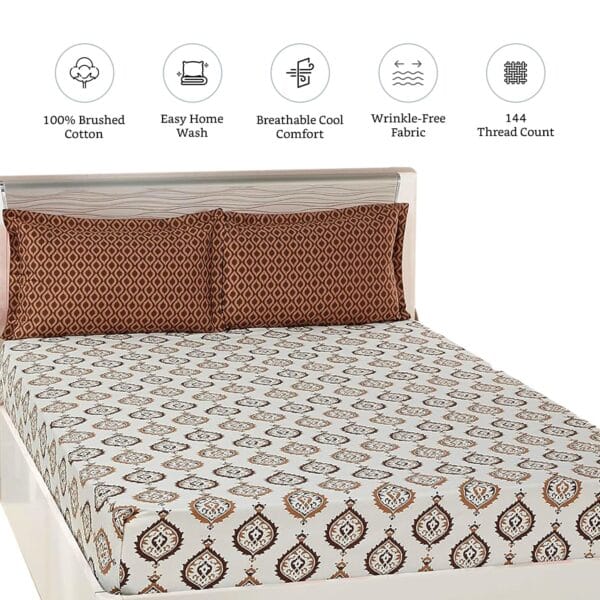 Amazon Brand - Solimo Damask Dreams 144 TC 100% Cotton Double Bedsheet with 2 Pillow Covers, Brown - Image 3