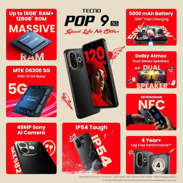 Tecno POP 9 5G (Midnight Shadow, 8GB+128GB) | D6300 5G Processor | 48MP Sony AI Camera | 4+ Year Lag Free Fluency |5000 mAh Battery |Dual Speaker | 5G with NFC - Image 3