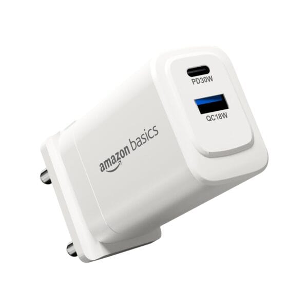 Amazon Basics 30W Dual Port GaN Charger | PD3.0 and QC3.0 PPS Fast Charging Compact Adapter with Foldable Plug (US/in Pins) |Without Cable (White) - Image 2