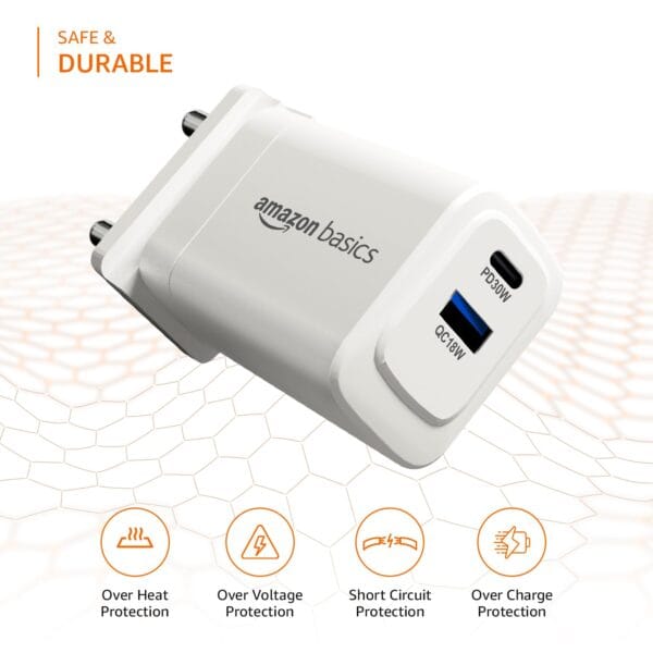 Amazon Basics 30W Dual Port GaN Charger | PD3.0 and QC3.0 PPS Fast Charging Compact Adapter with Foldable Plug (US/in Pins) |Without Cable (White) - Image 5