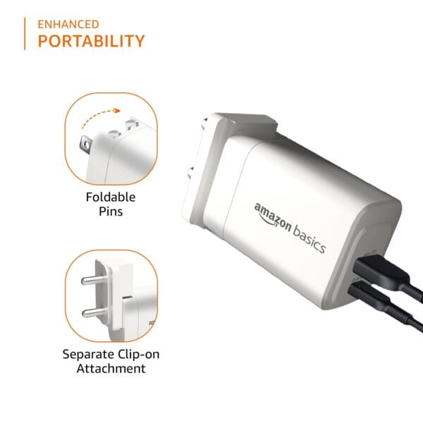 Amazon Basics 30W Dual Port GaN Charger | PD3.0 and QC3.0 PPS Fast Charging Compact Adapter with Foldable Plug (US/in Pins) |Without Cable (White) - Image 6