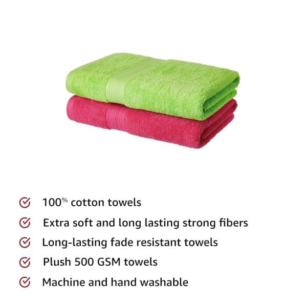 Amazon Brand - Solimo Cotton 2 Piece Bath Towel Set, 500 GSM (Spring Green and Paradise Pink) - Image 3