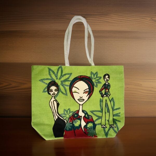 Salvus App SOLUTIONS Cute Girls Print Green Jute Handheld and Shopping Handbag - Elevate Her Style with a Playful Blend of Design, Perfect for Every Occasion. - Image 4