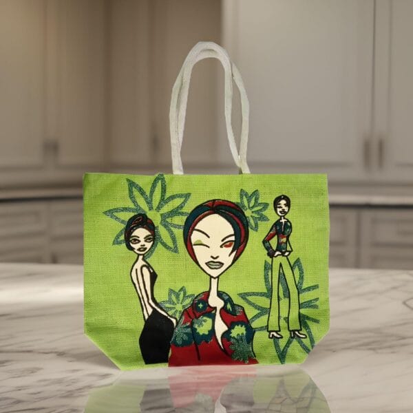 Salvus App SOLUTIONS Cute Girls Print Green Jute Handheld and Shopping Handbag - Elevate Her Style with a Playful Blend of Design, Perfect for Every Occasion. - Image 3