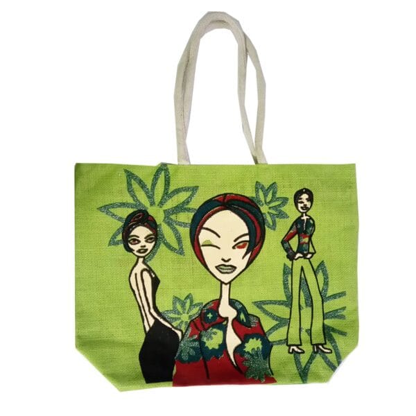 Salvus App SOLUTIONS Cute Girls Print Green Jute Handheld and Shopping Handbag - Elevate Her Style with a Playful Blend of Design, Perfect for Every Occasion. - Image 2