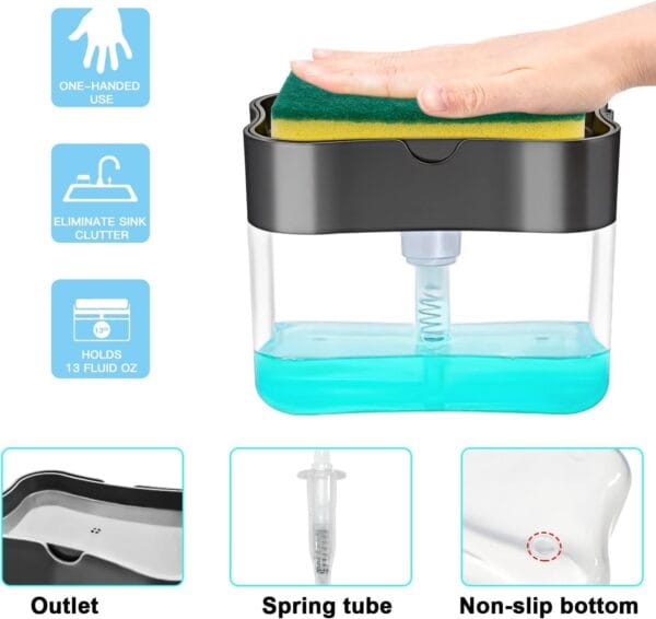 Antson 2 in 1 Soap Dispenser for Dishwasher Liquid, Liquid Dispenser Pump with Sponge Holder Kitchen Sink Dish Soap Dispenser for Kitchen - Image 3