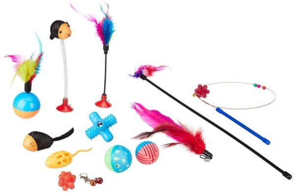 amazon basics Cat Toy Set | 13 Interactive Toys | Spring Mouse | Feather Stick | Fishing Rod | Rattling Bells | Playing Balls | Feather Balls | for Kittens & Cats (Multicolour) - Image 2