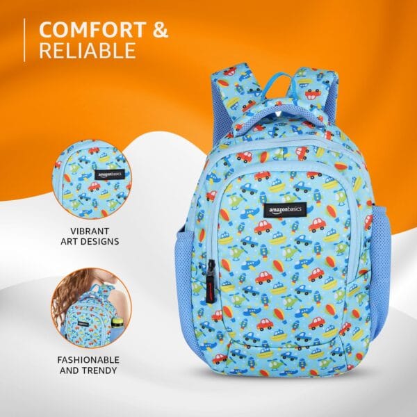 Amazon Basics Trendy and Spacious Transport Theme Kids 3 Compartment Backpack | Comfortable Padding | 15 Inches (Sky Blue) - Image 4