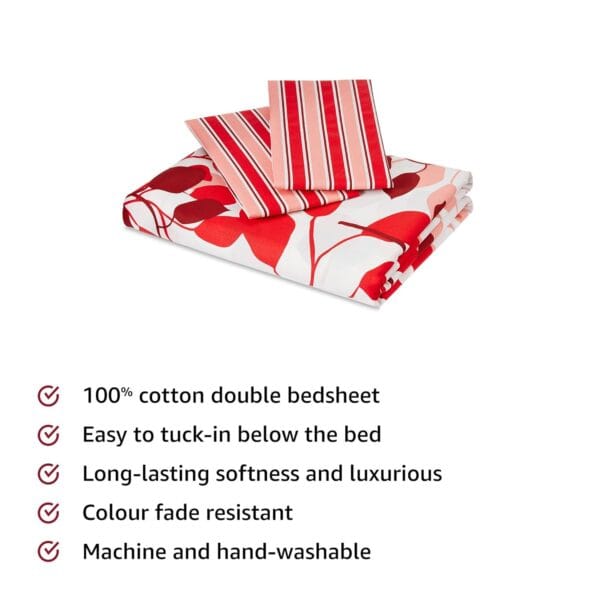 Amazon Brand - Solimo Leafy Spring 144Tc 100% Cotton Double Bedsheet With 2 Pillow Covers, Red, Floral - Image 3