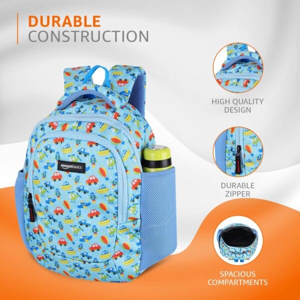 Amazon Basics Trendy and Spacious Transport Theme Kids 3 Compartment Backpack | Comfortable Padding | 15 Inches (Sky Blue) - Image 3