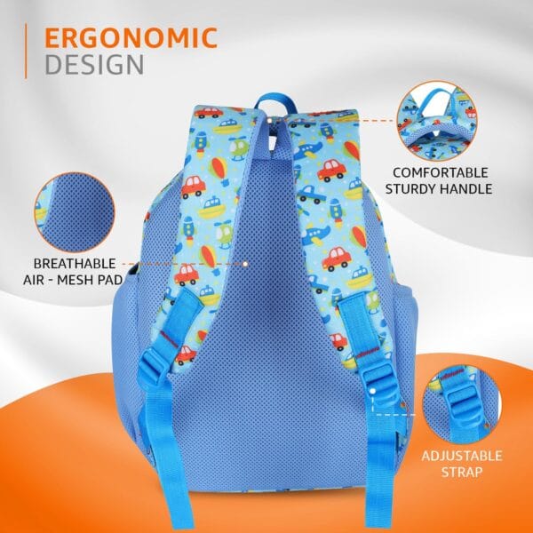 Amazon Basics Trendy and Spacious Transport Theme Kids 3 Compartment Backpack | Comfortable Padding | 15 Inches (Sky Blue) - Image 5
