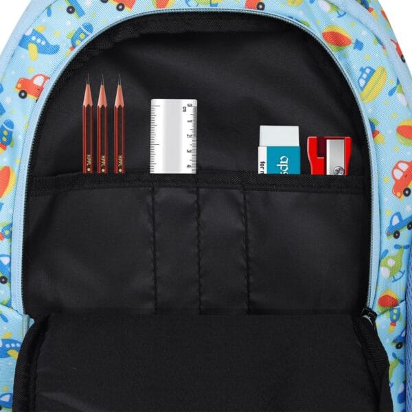 Amazon Basics Trendy and Spacious Transport Theme Kids 3 Compartment Backpack | Comfortable Padding | 15 Inches (Sky Blue) - Image 9