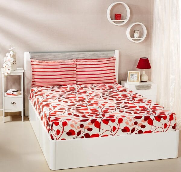 Amazon Brand - Solimo Leafy Spring 144Tc 100% Cotton Double Bedsheet With 2 Pillow Covers, Red, Floral - Image 2